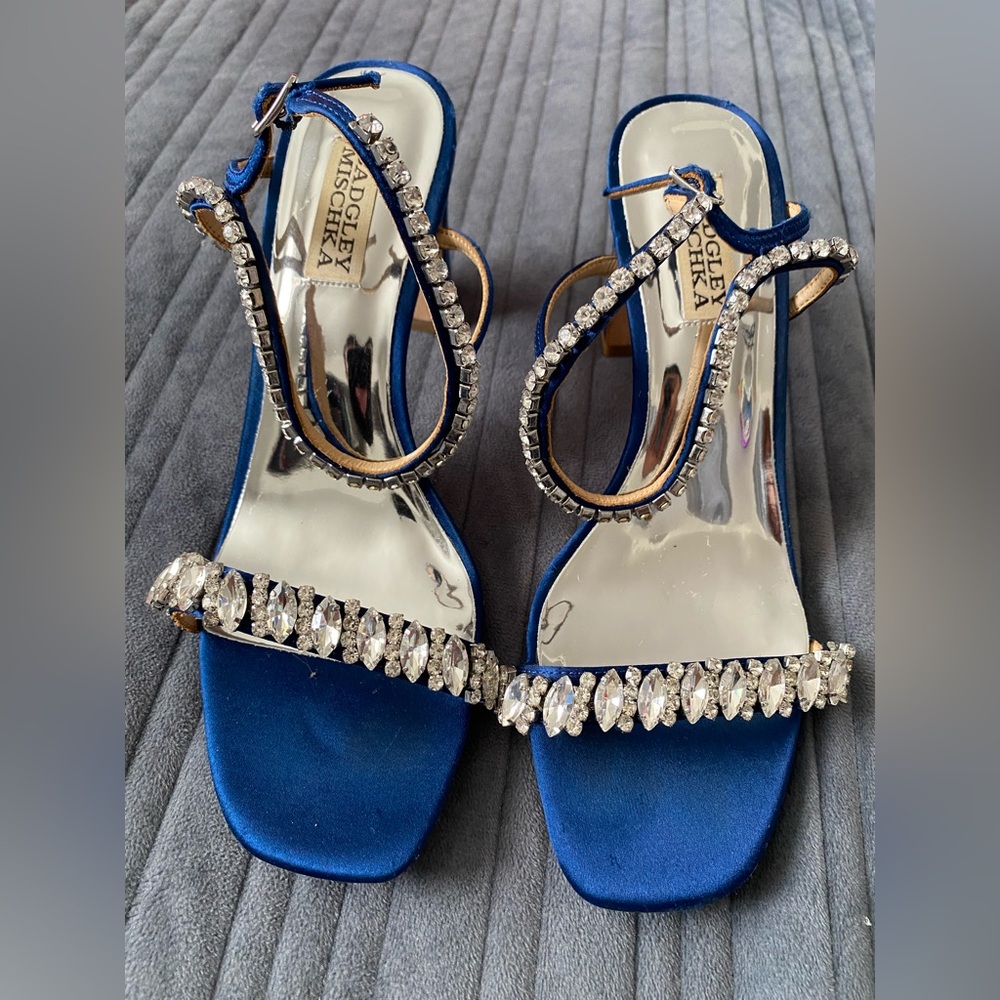 Badgley Mischka Sapphire Satin Heels with Rhinestones